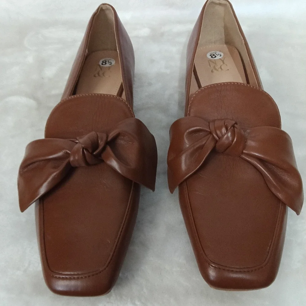 New York & Company Womens Brown Knotted Bow Square Toe Loafers Flats Size 8.5